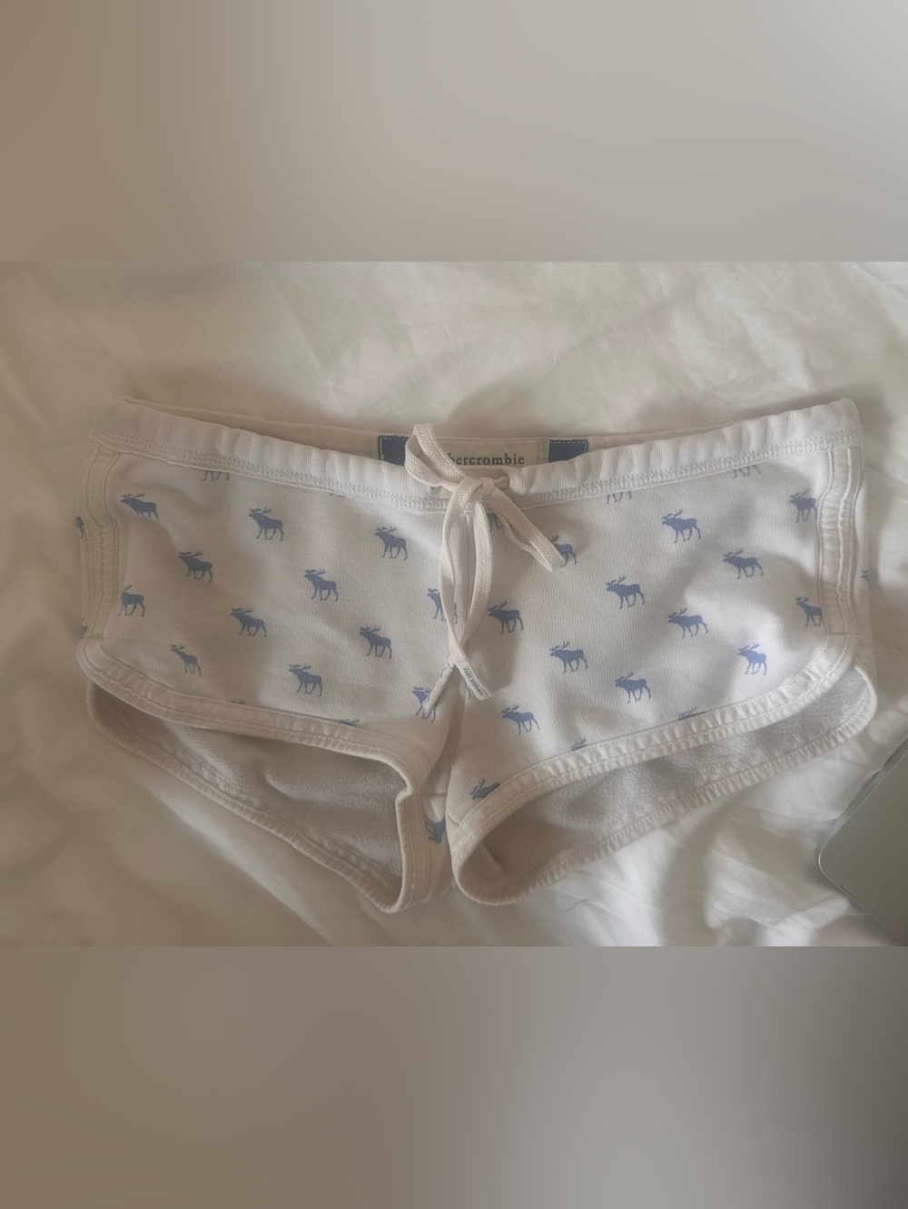 Abercrombie White Shorts with Blue Moose Motif, Size L